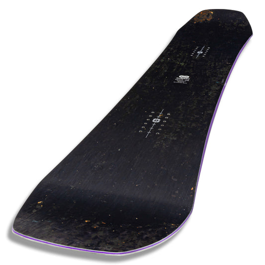 A Subjekt black snowboard shown from a top-down angle on a white background, featuring white printed graphics and a thin purple edge.