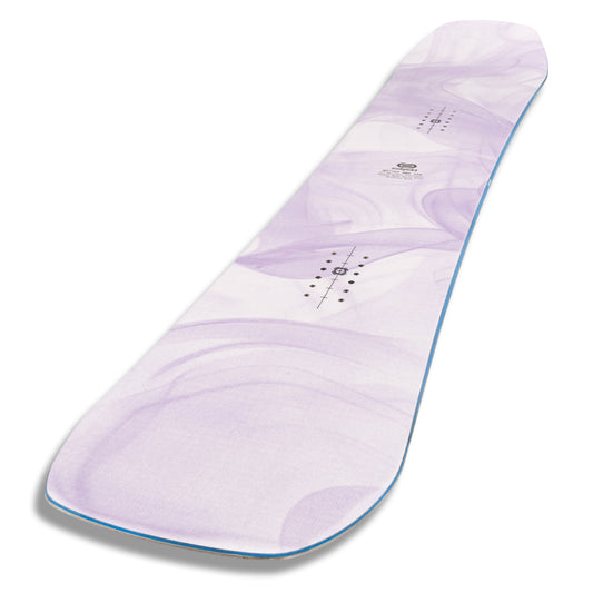 A snowboard with a light purple and white marbled pattern, shown from a high-angle perspective against a white background.