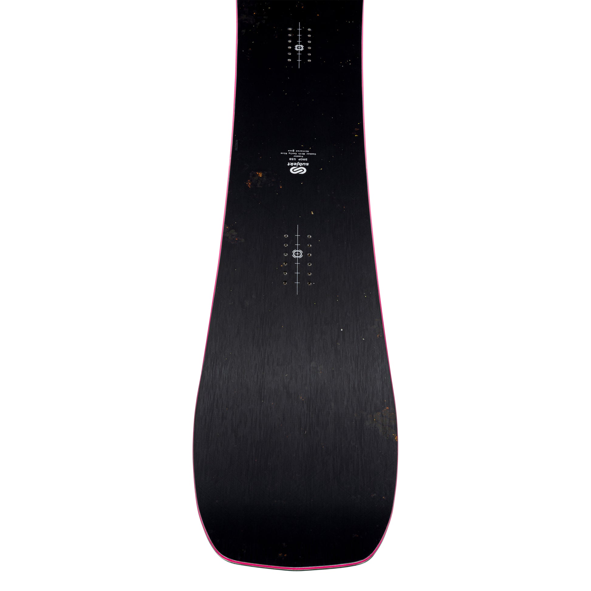 The top of a snowboard shown vertically against a white background, featuring a dark black base with a thin pink edge and white printed graphics.