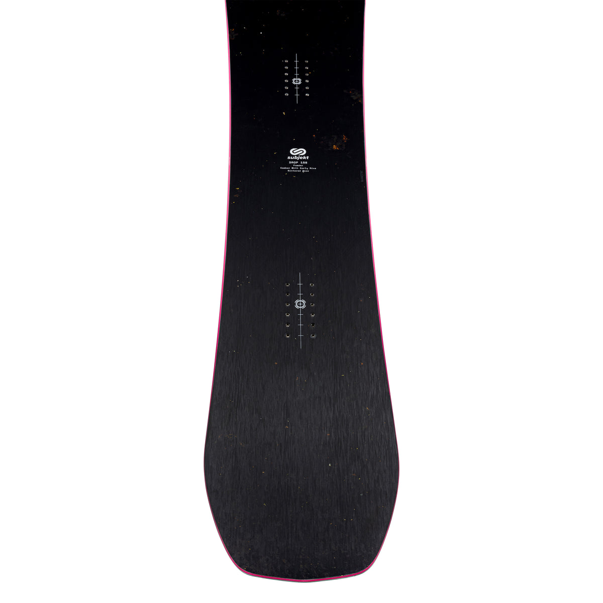 A topsheet view of a black snowboard with a thin pink edge and white printed graphics, shown against a solid white background.