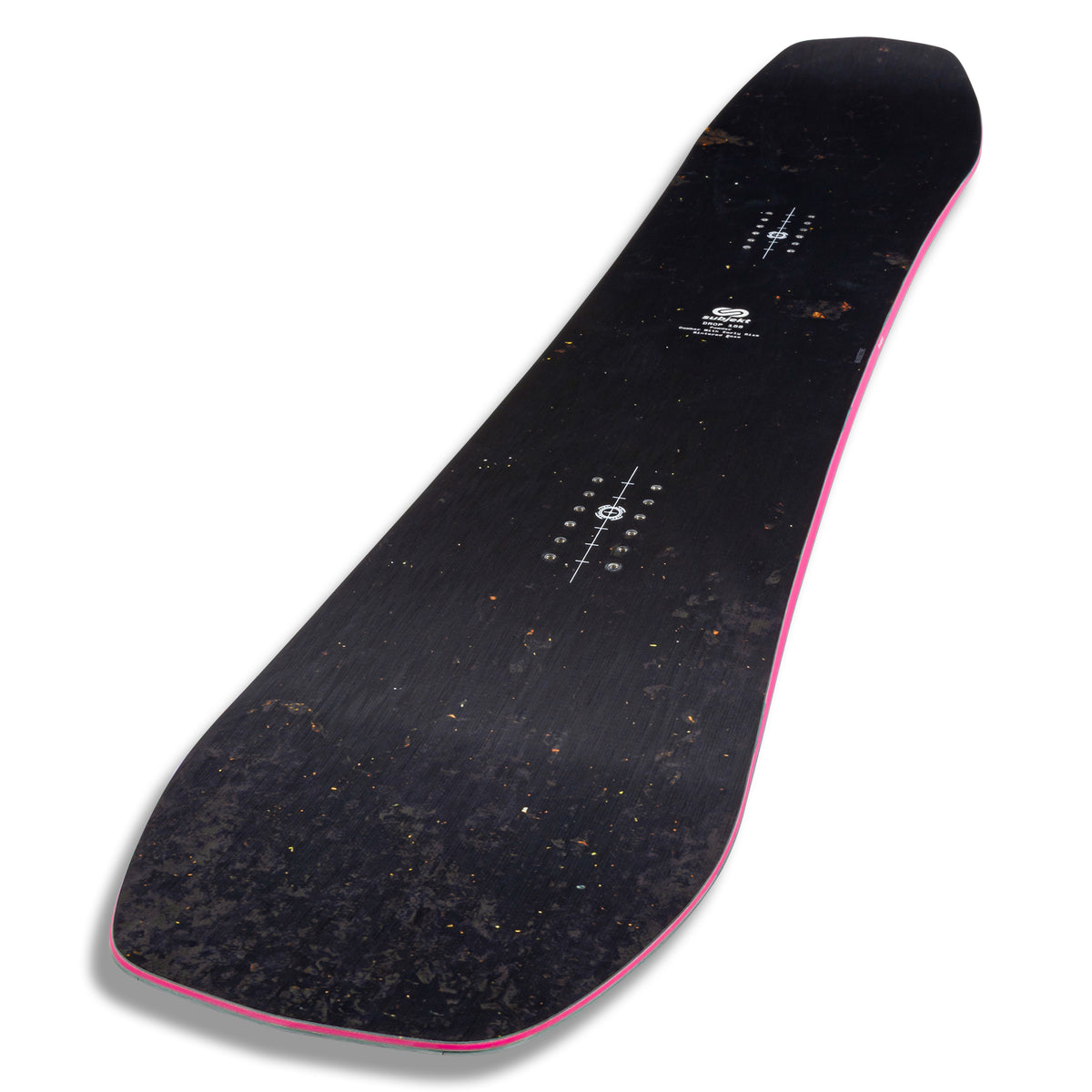 A black snowboard with a textured rust graphic topsheet and a vibrant pink edge, shown from a top-down perspective on a white background.