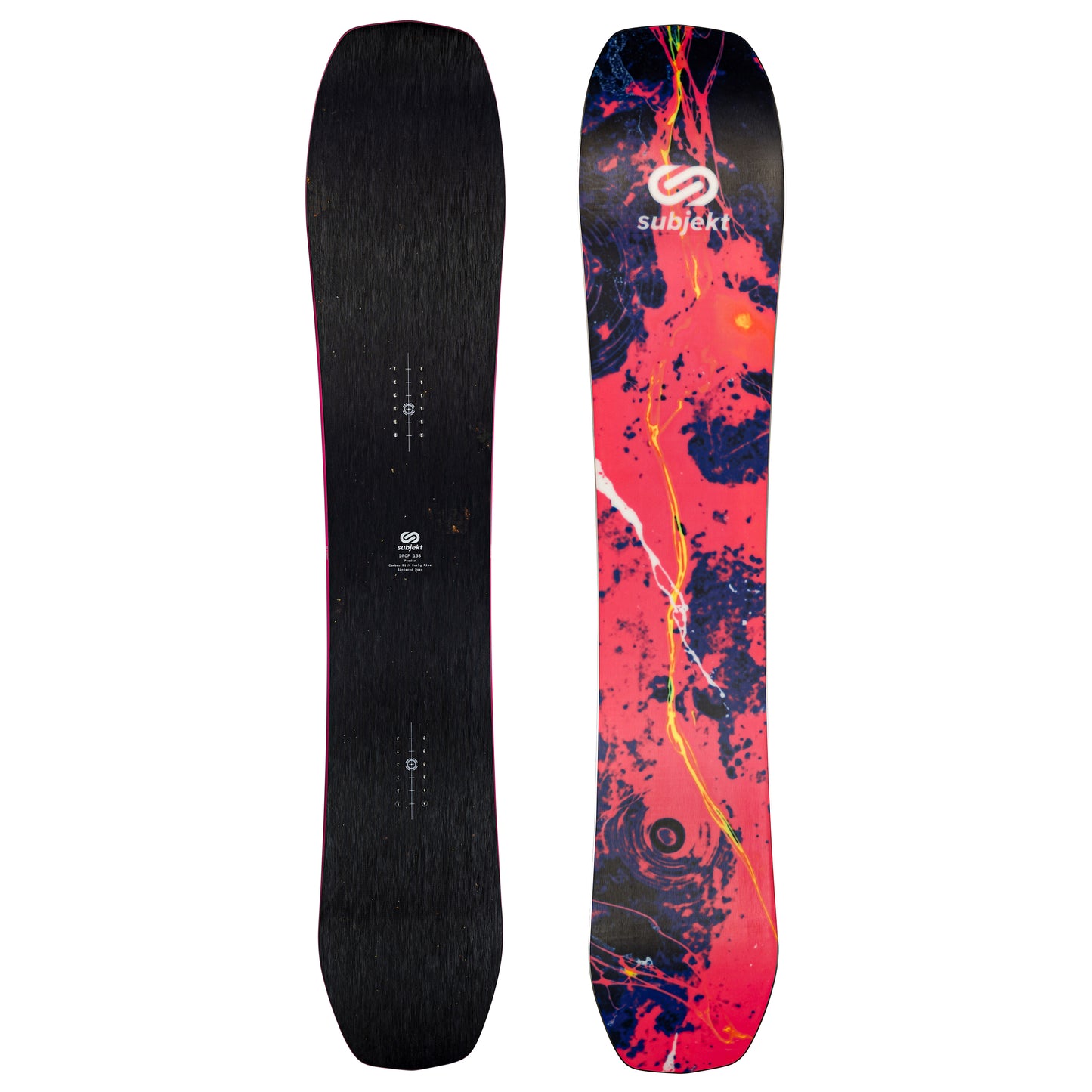 A snowboard shown from both sides against a plain white background. The left side is solid black, and the right side features a vibrant abstract pattern in red, pink, and black with yellow and white paint splatters, along with the Subjekt logo near the top.