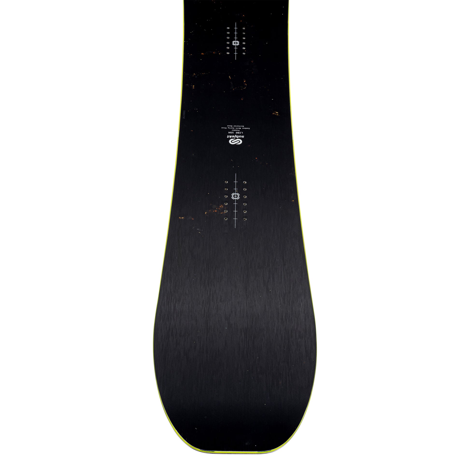 The Top of a black snowboard with a thin neon yellow edge and white printed binding track markings, shown vertically against a plain white background.