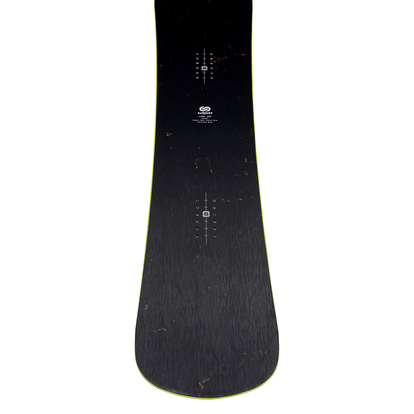 The top of a black snowboard with a subtle yellow-green edge, featuring white printed binding device alignment markings and a small logo near the center, shown against a plain white background.