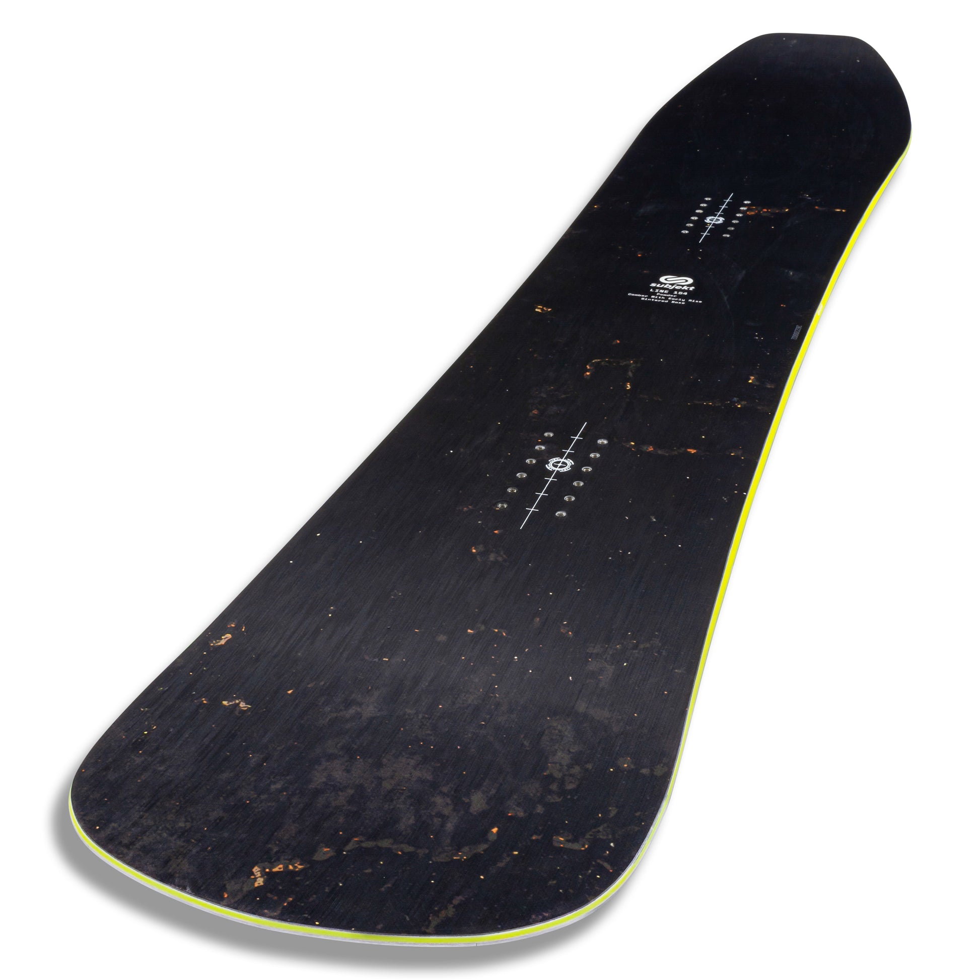 A black snowboard with a rust grain finish, featuring white printed alignment marks and a bright neon yellow-green edge, shown on a white background.