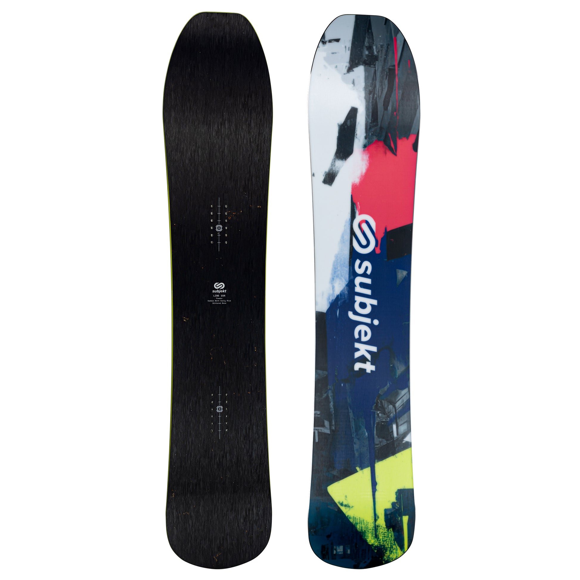 Front and back views of a Subjekt snowboard on a plain white background. The left view shows the black textured topsheet with binding prep marks, and the right view shows the printed top sheet with a white, blue, red, and yellow abstract graphic and the Subjekt logo.