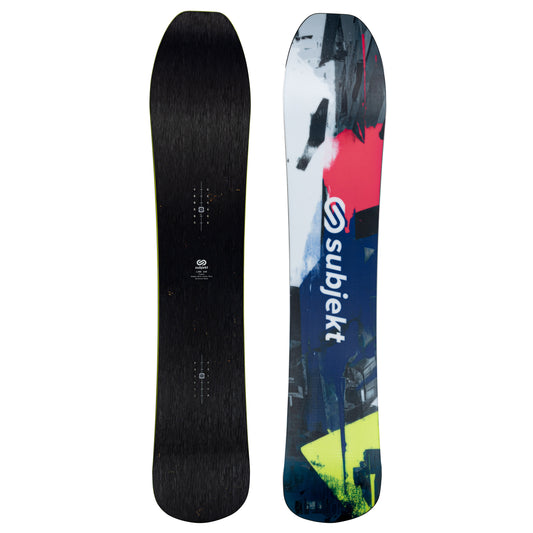 Front and back views of a Subjekt snowboard on a plain white background. The left view shows the black textured topsheet with binding prep marks, and the right view shows the printed top sheet with a white, blue, red, and yellow abstract graphic and the Subjekt logo.