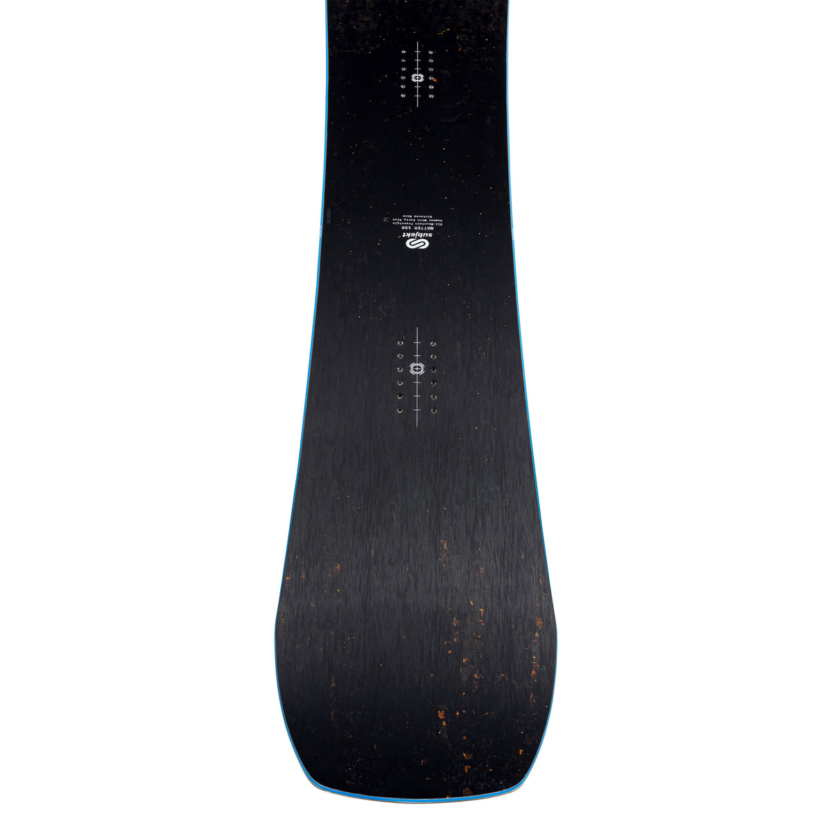 The top of a snowboard shown vertically against a solid white background, featuring a dark textured surface with subtle orange speckles and a thin light blue edge line.