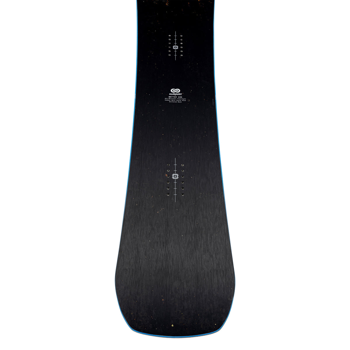 A close-up of a snowboard's top showing the dark wood grain texture, white printed model and brand text, and a thin blue edge line against a white background.
