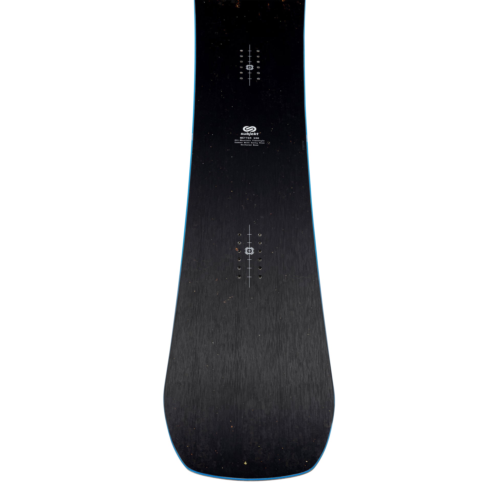 A close-up of a snowboard's top showing the dark wood grain texture, white printed model and brand text, and a thin blue edge line against a white background.