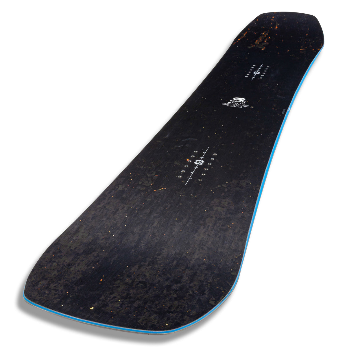 A snowboard shown from a high-angle perspective, featuring a dark textured black top sheet with subtle orange speckles and a bright blue edge trim.