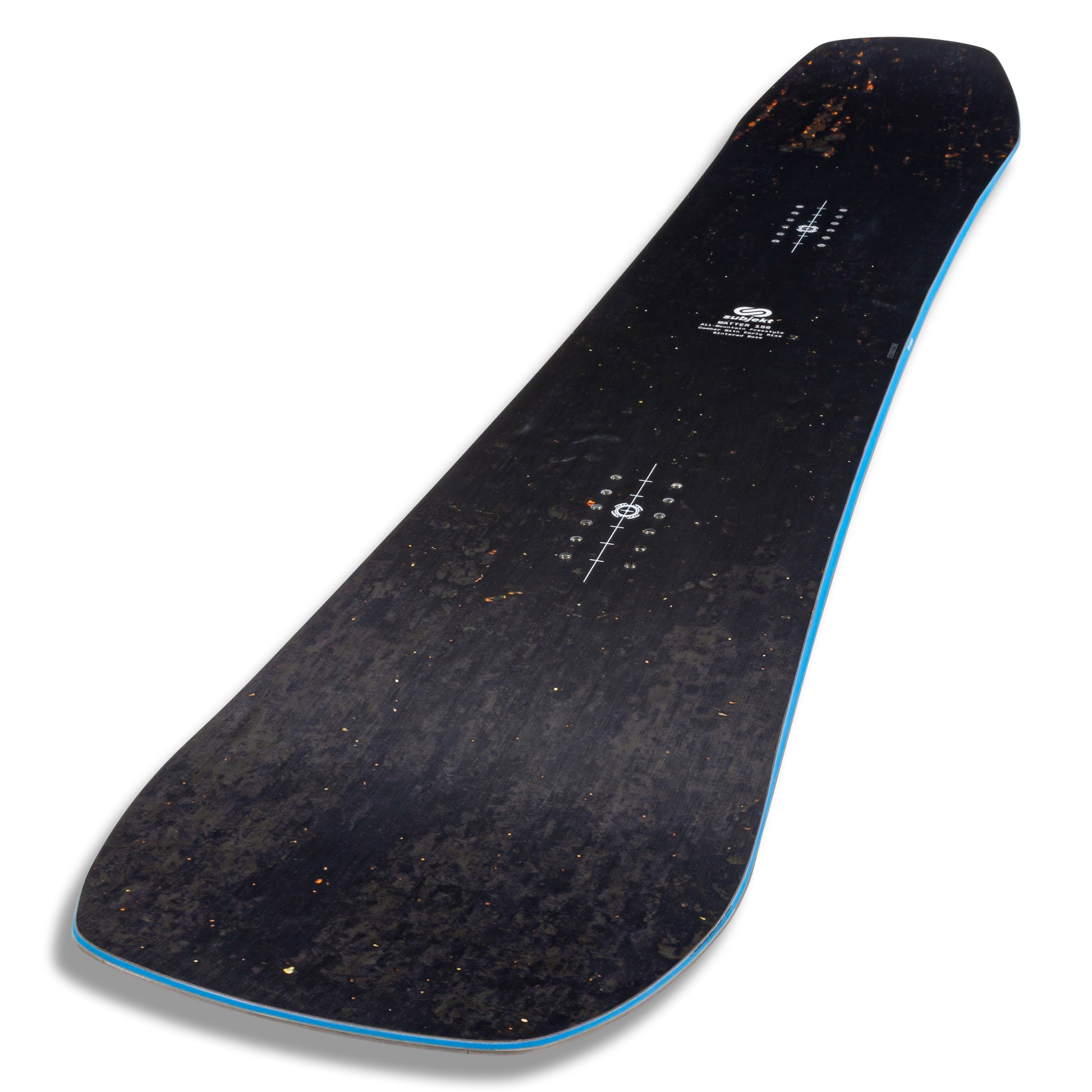 A snowboard shown from a high-angle perspective, featuring a dark textured black top sheet with subtle orange speckles and a bright blue edge trim.