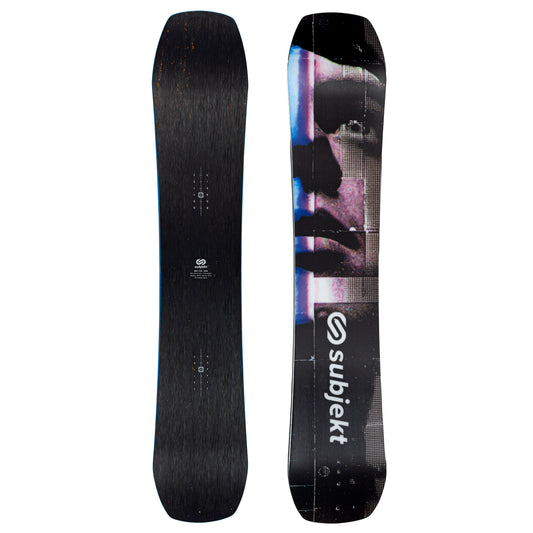 Front and back views of a Subjekt snowboard on a plain white background. The top is solid black, and the base features a dark graphic with blue, purple, and pink tones, along with the white Subjekt brand logo near the tail.