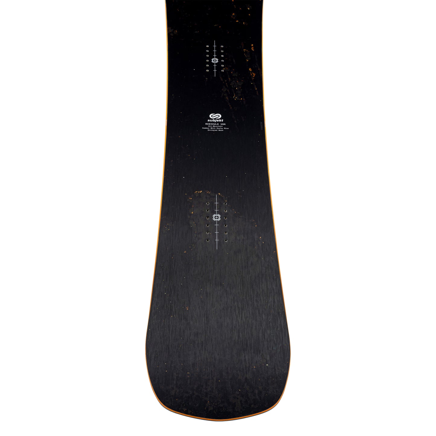 A close-up, top-down view of a snowboard's toppsheet, showing a dark black rust grain surface with subtle orange edge striping and white printed graphics.