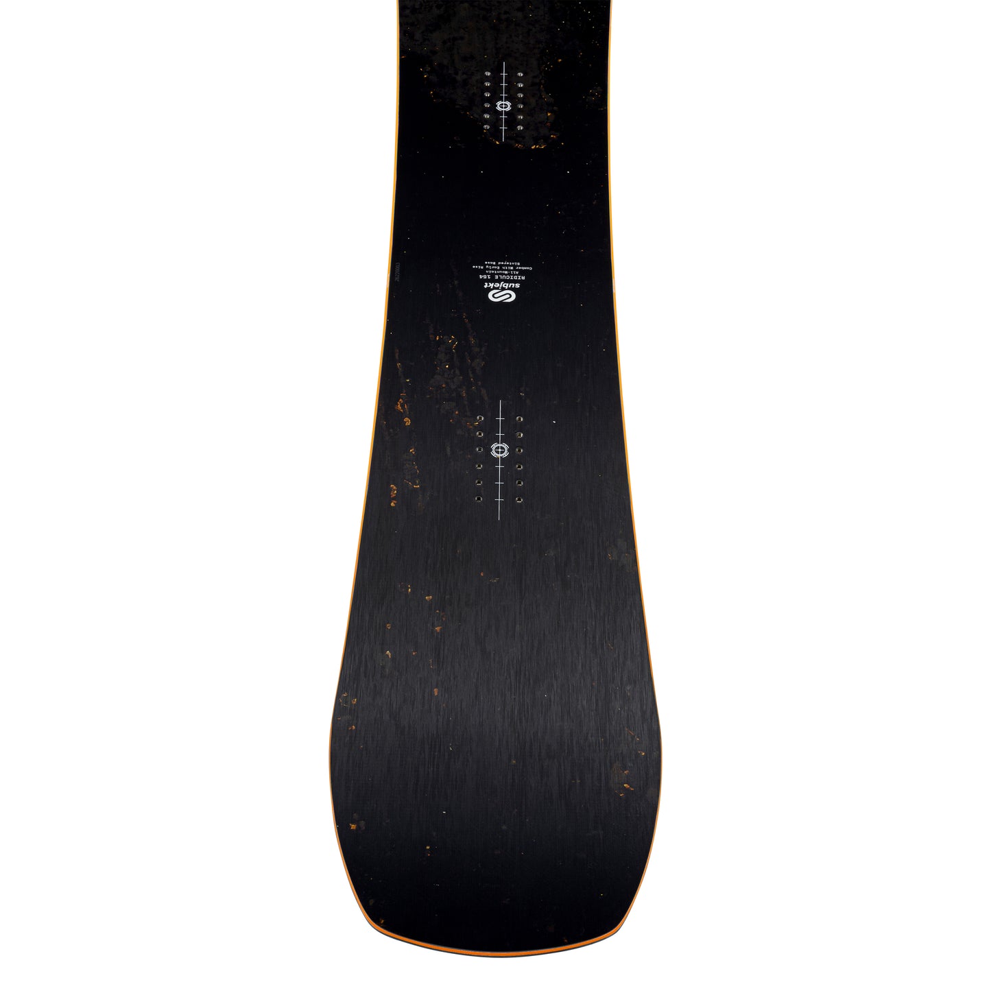 A close-up, top-down view of a snowboard's top, showing a dark black rust grain finish with subtle orange edge detailing and white printed graphics.