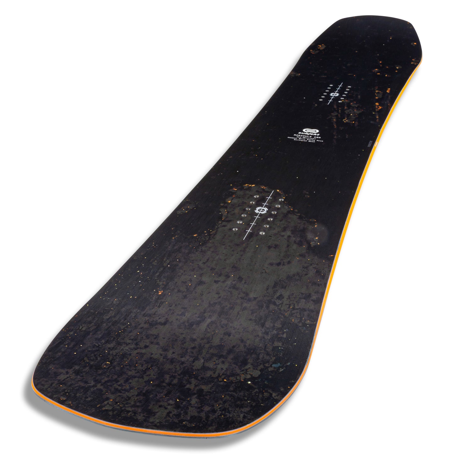 A black snowboard with a textured, rust finish and a thin orange edge, shown from a top-down angle on a white background.