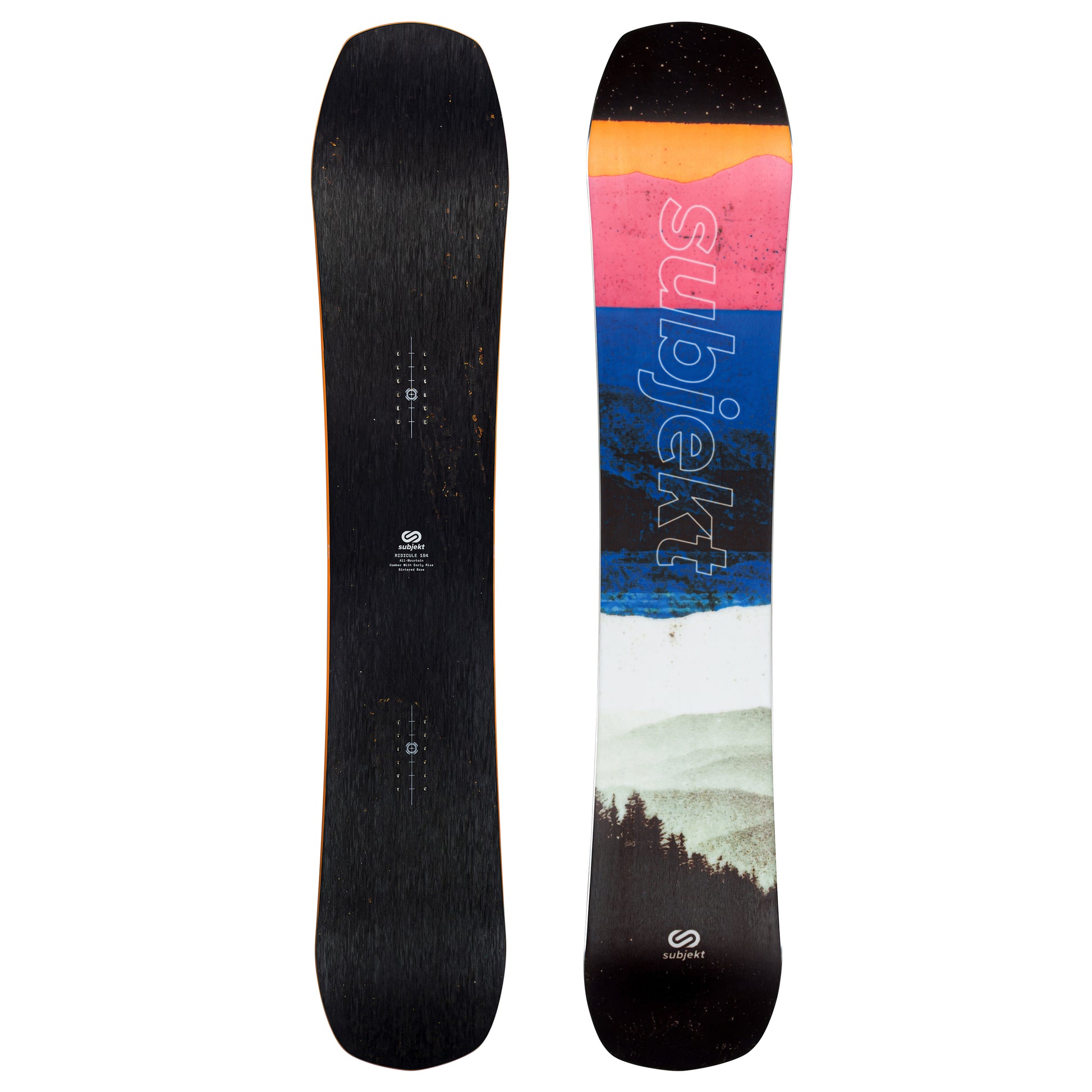 Top and bottom views of a Subjekt snowboard on a plain white background. The back is solid black, and the front features a colorful graphic with orange, pink, blue, white, and a mountain landscape print.