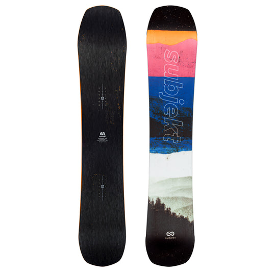 Top and bottom views of a Subjekt snowboard on a plain white background. The back is solid black, and the front features a colorful graphic with orange, pink, blue, white, and a mountain landscape print.