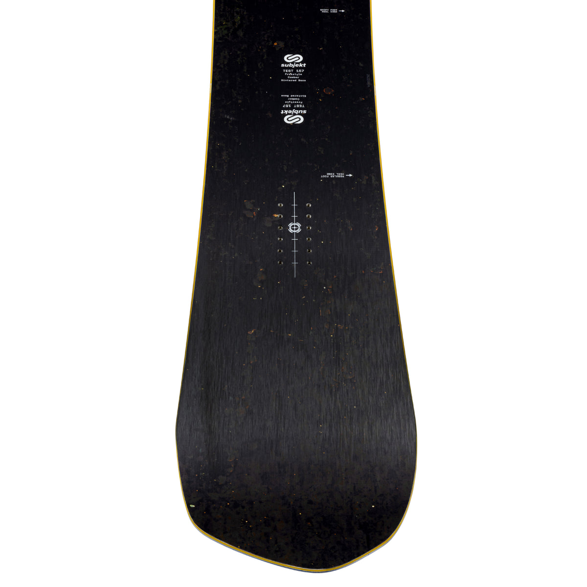 The top deck of a snowboard shown vertically against a solid white background. The board features a dark black wood grain finish with a thin yellow-orange edge line and white printed brand and model markings near the center.