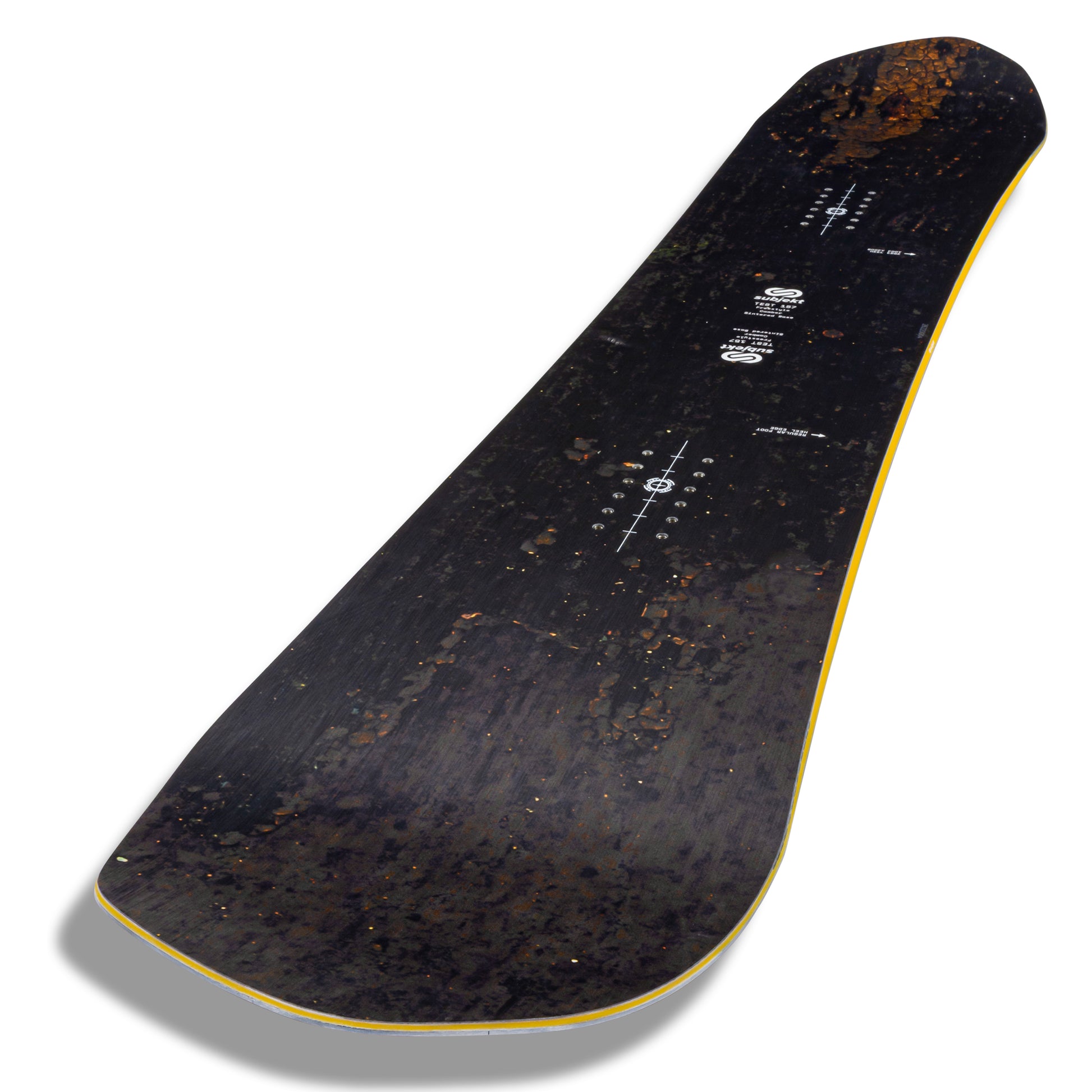 A snowboard shown from a top-down perspective on a white background, featuring a dark textured black base with a yellow edge and white printed graphics.