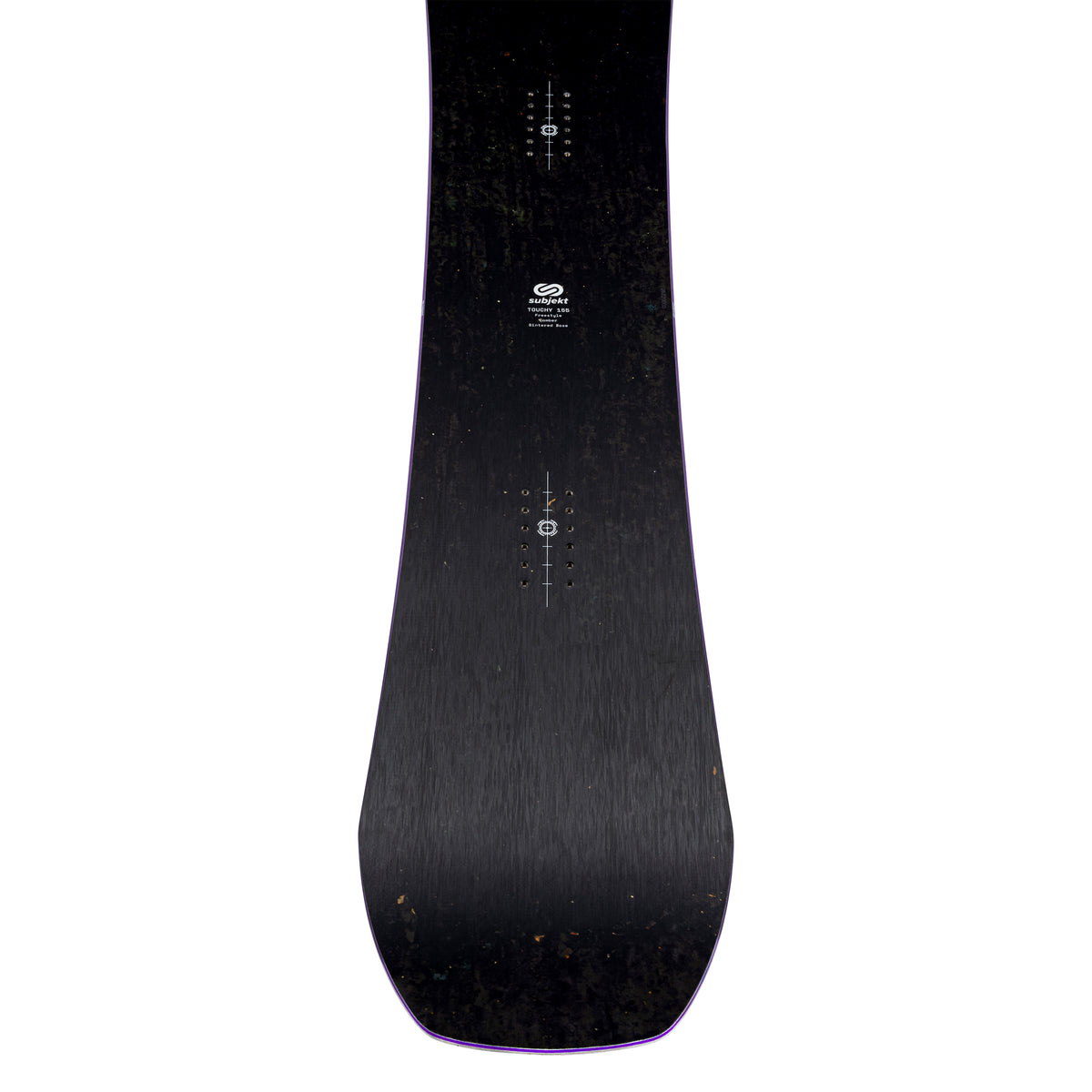 The top of a black snowboard with white printed graphics and a subtle purple edge, shown vertically against a plain white background.