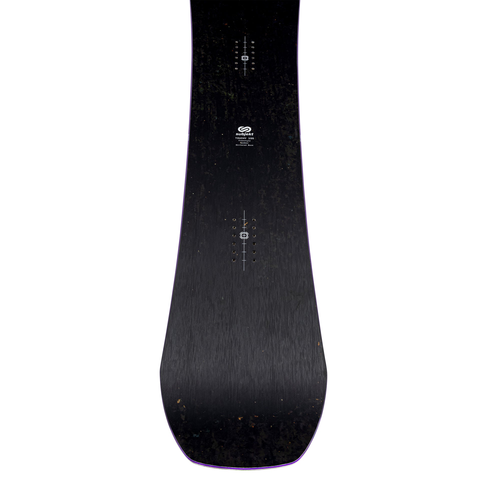 The top of a black snowboard with white printed graphics and a subtle purple edge, shown vertically against a plain white background.
