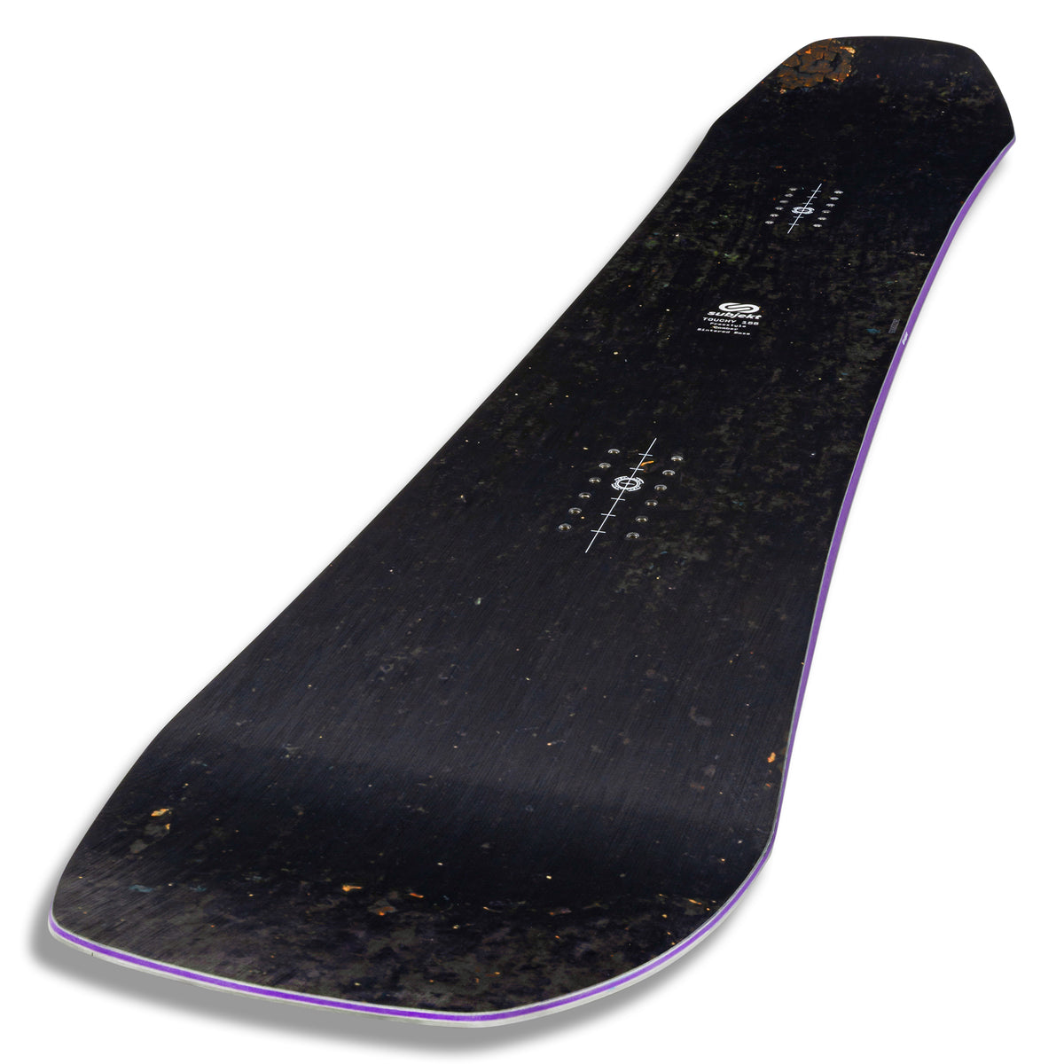 A Subjekt black snowboard shown from a top-down angle on a white background, featuring white printed graphics and a thin purple edge.