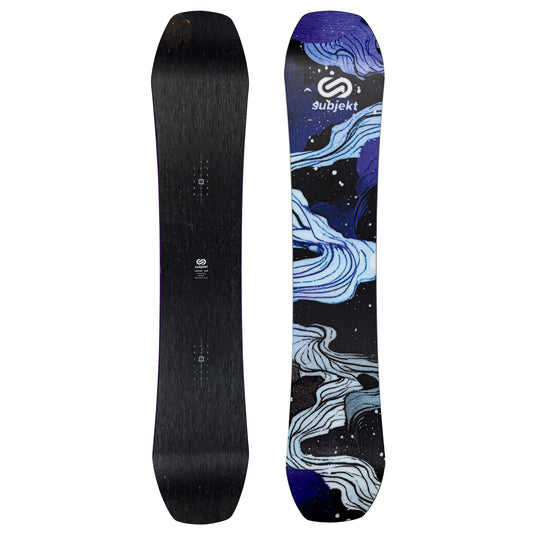 The top and bottoms views of a Subjekt snowboard on a plain white background. The left side shows the dark, brushed metal base, and the right side shows the colorful top graphic with blue, white, and black wavy patterns and the white Subjekt logo.