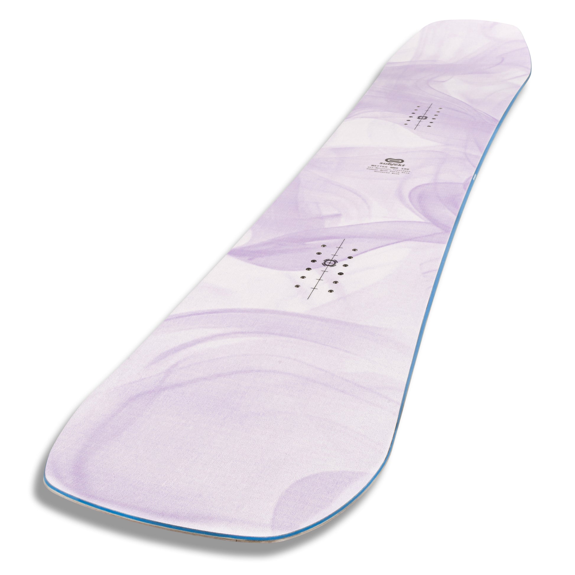 A snowboard with a light purple and white marbled pattern, shown from a high-angle perspective against a white background.