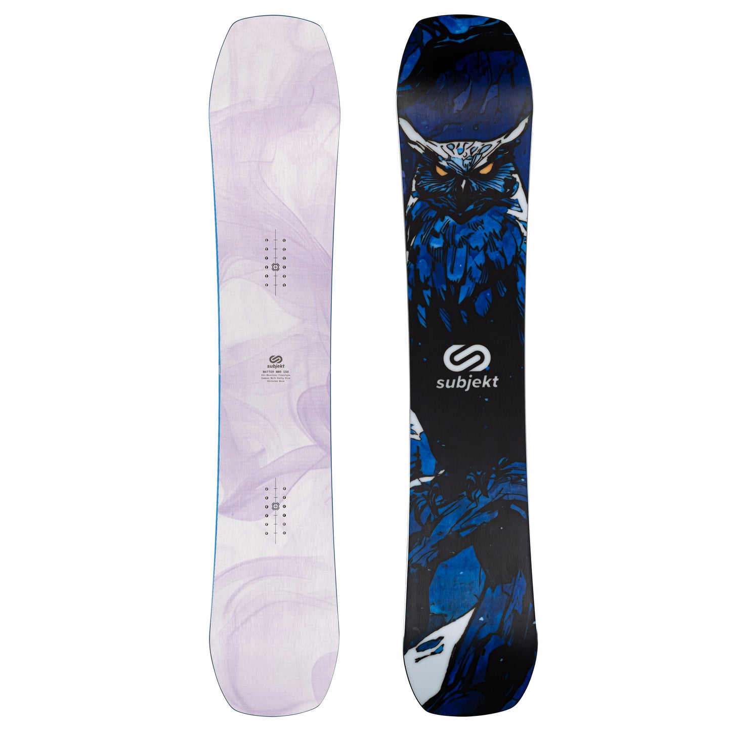 Two views of a Subjekt snowboard side-by-side against a white background. The left view shows the light lavender and white marbled base, while the right view shows the dark navy and black graphic top with a blue owl design and the white Subjekt logo.