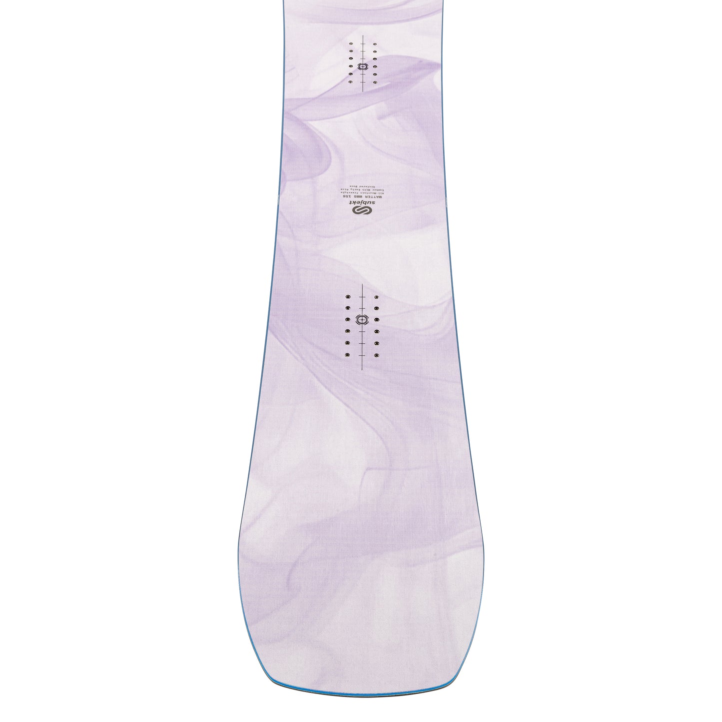 A single snowboard shown from the top deck view on a plain white background. The board has a very pale lavender and white marbled or swirled graphic pattern with a thin blue edge visible along the bottom side.