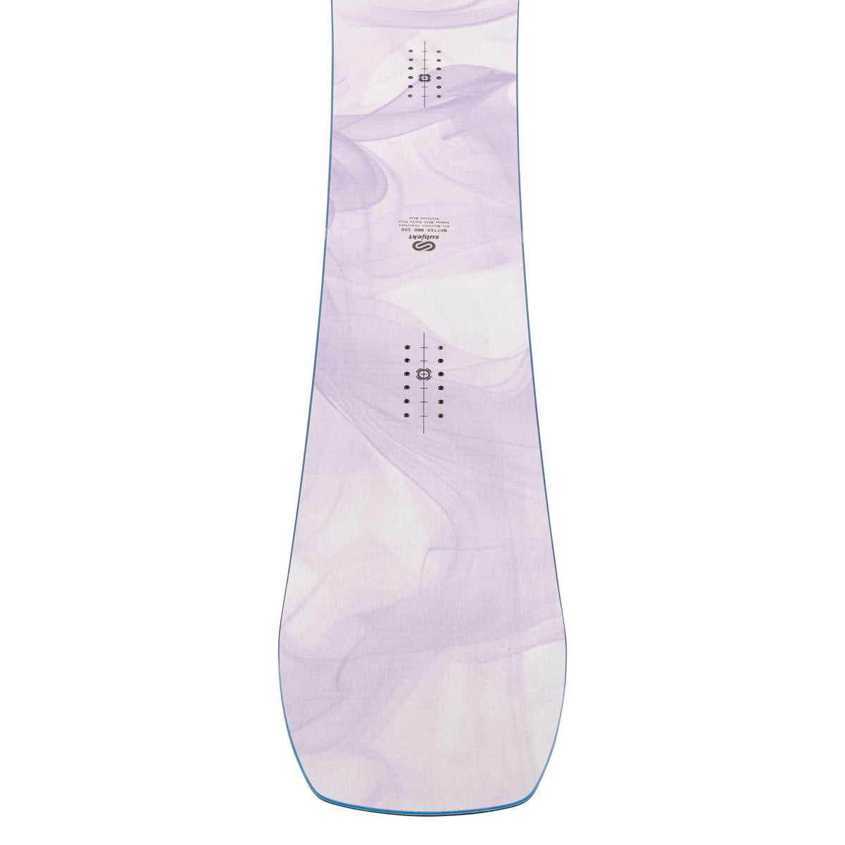 A single snowboard shown from the top deck view on a plain white background. The board has a very pale lavender and white marbled or swirled graphic pattern with a thin blue edge visible along the bottom side.