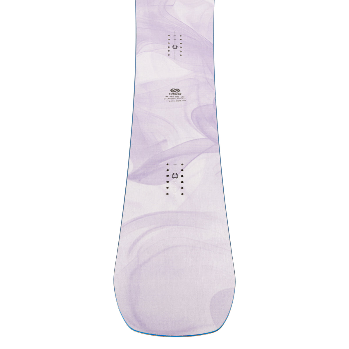 A single snowboard shown from the bottom/top side view against a plain white background, featuring a light lavender and white marbled pattern with black binding hardware details and a thin blue edge.